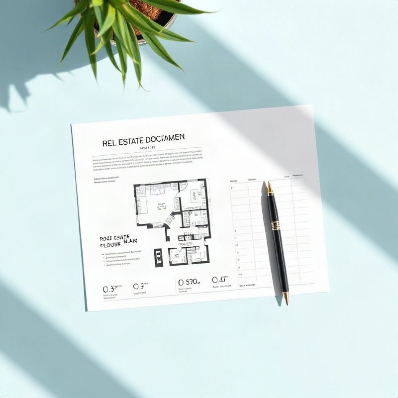 Documentos imobiliários e planta baixa sobre mesa com detalhes em azul