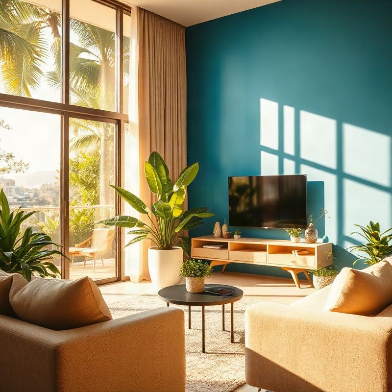 Interior de sala de estar com parede azul e vegetação tropical em Belo Horizonte